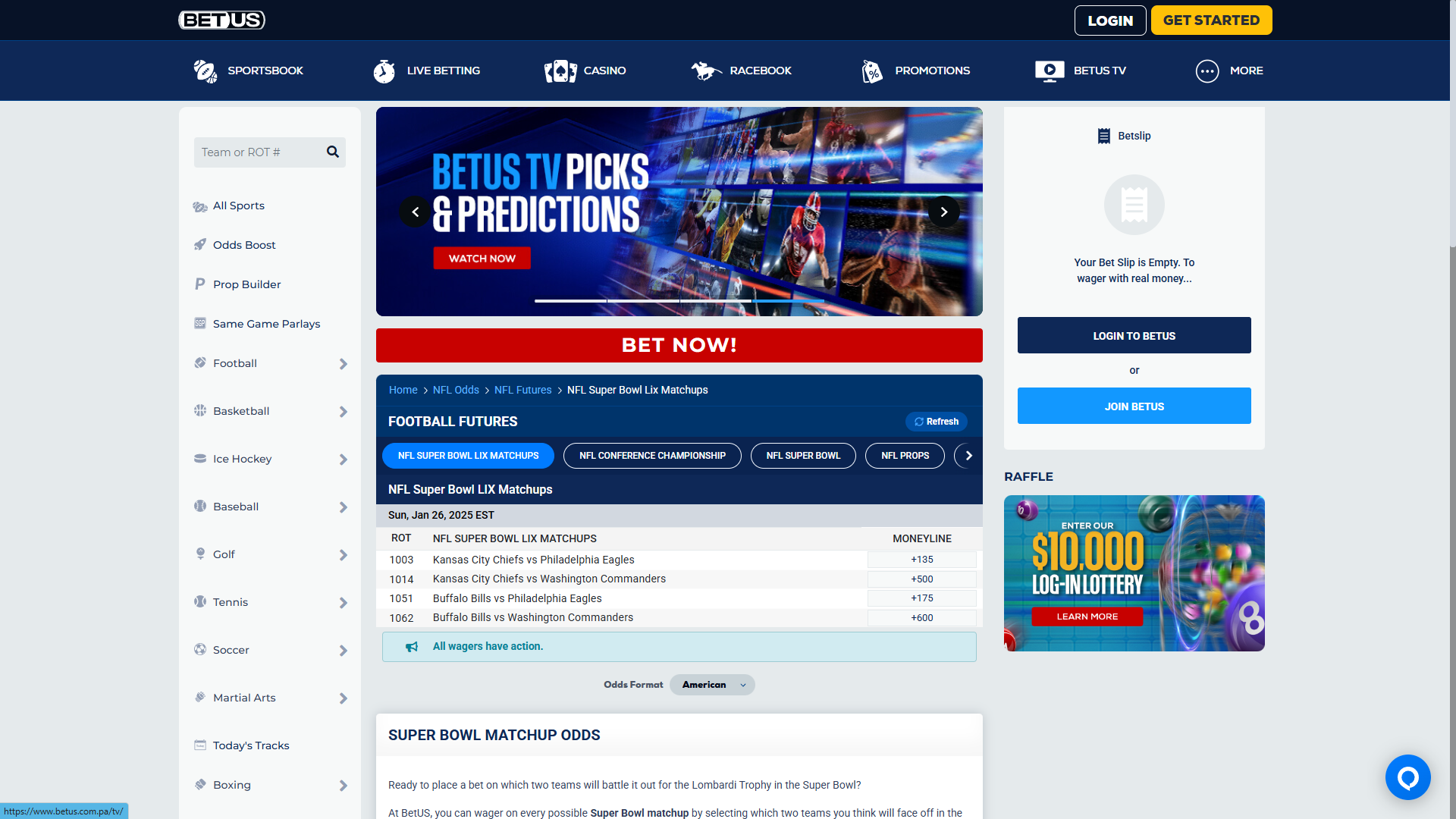 NFL betting lines at BetUS